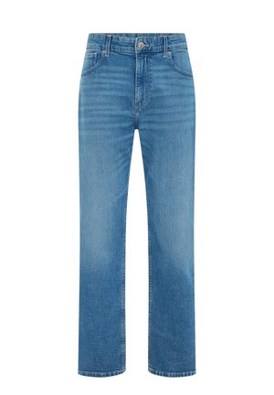 Augsta vidukļa taisna griezuma zilas džinsa bikses ar priekšējo pogu, rāvējslēdzēja aizdari un piecām kabatām.