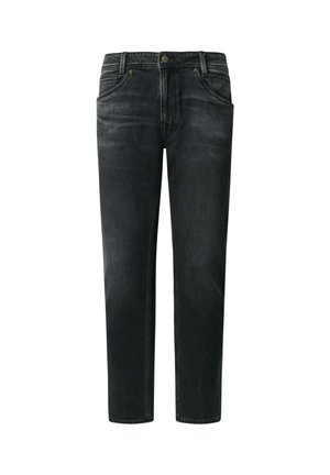 Heren jeans met rechte pijpen van zwarte denim, voorzien van voorzakken, riemlussen, knoop- en ritssluiting.