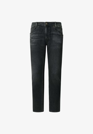Heren jeans met rechte pijpen van zwarte denim, voorzien van voorzakken, riemlussen, knoop- en ritssluiting.
