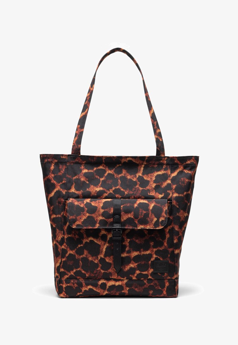 Tote bag met luipaardenprint en zwarte accenten, met een voorflapzak, stevige handvatten en een textiel canvas materiaal.