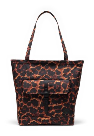 Tote bag met luipaardenprint en zwarte accenten, met een voorflapzak, stevige handvatten en een textiel canvas materiaal.