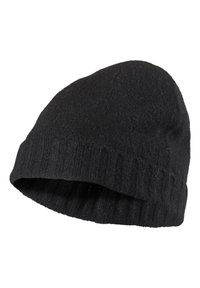 Svart strikket lue laget av myk ull. Har en ribbet mansjett og en rund topp, med en glatt tekstur. Enkel design, uten mønstre.