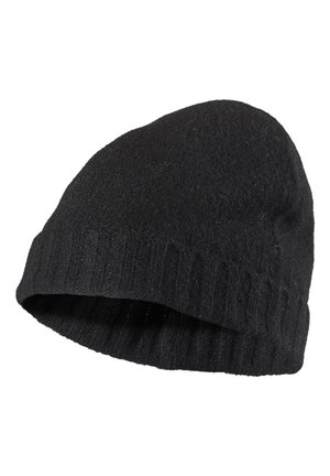 Svart strikket lue laget av myk ull. Har en ribbet mansjett og en rund topp, med en glatt tekstur. Enkel design, uten mønstre.