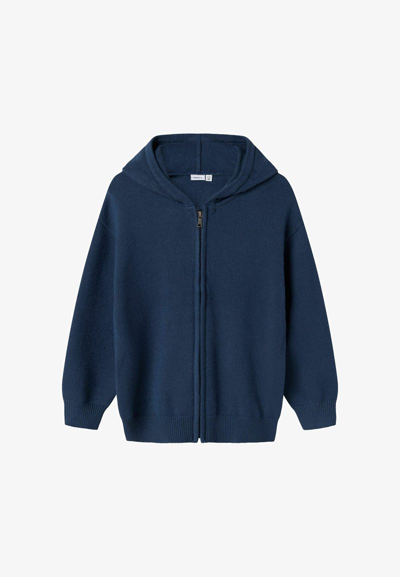 Felpa con zip di colore blu navy, dal tessuto morbido, con polsini a coste e cappuccio regolabile. Presenta una zip centrale e una vestibilità comoda.