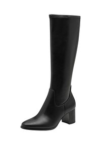 Stivale nero al ginocchio realizzato in pelle liscia. Presenta una punta affusolata e un tacco a blocco spesso con una texture sottile sul tacco.