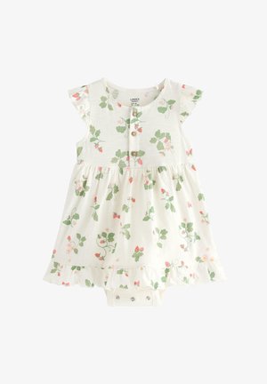 Valkoinen vauvan haalari, jossa vihreä lehtikuvio ja punainen mansikkaprintti, lyhyet liehulahkeet, kolme nappia edessä ja painonapit alaosassa.