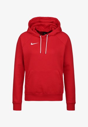 Haut à capuche rouge Nike avec une poche kangourou à l'avant, des cordons blancs et un petit logo blanc sur la poitrine gauche. Matière en coton doux et poignets côtelés.
