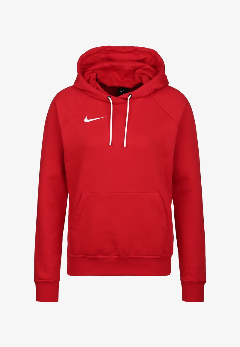Haut à capuche rouge Nike avec une poche kangourou à l'avant, des cordons blancs et un petit logo blanc sur la poitrine gauche. Matière en coton doux et poignets côtelés.