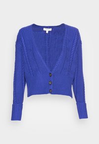 Blå stickad cardigan med djup V-ringning, ribbade ärmslut och tre mörka knappar framtill. Har en texturerad kabelstickad design.