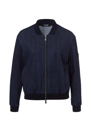 Marineblauwe bomberjack met verticale krijtstrepen, geribbelde manchetten en zoom, rits aan de voorkant en zijzakken. Gemaakt van gestructureerde denimstof.