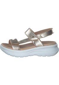 Guldmetalliska sandaler med design med två remmar, justerbar vristrem och vit dämpad sula. Har en slät yta och minimal hårdvara.