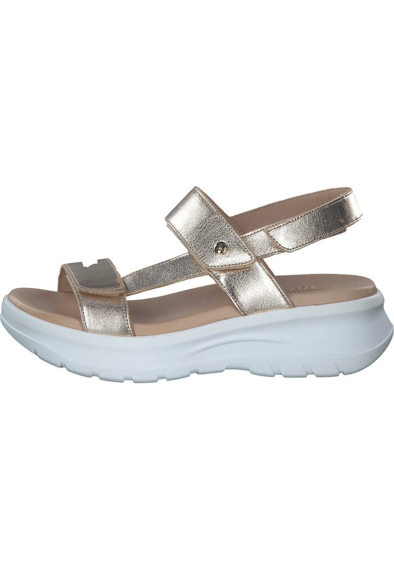 Guldmetalliska sandaler med design med två remmar, justerbar vristrem och vit dämpad sula. Har en slät yta och minimal hårdvara.