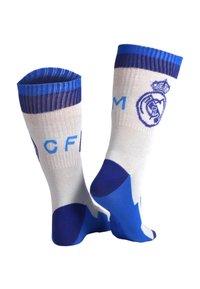 Calzini alti blu e bianchi con la scritta "CF" e "M", accompagnati da un logo di una corona e l'emblema del club calcistico. Tessuto liscio con texture a coste.