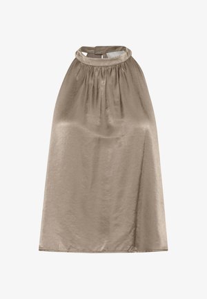 Ujjatlan, magas nyakú felső puha, fényes bézs anyagból. A nyak körül gyűrődő részletekkel és laza, könnyed sziluettel rendelkezik.