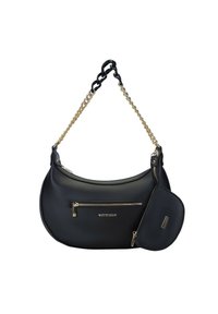 Borsa a tracolla sintetica nera con silhouette curvata, tracolla in catena dorata, tasca frontale con zip e una mini pochette staccabile. Nome del brand visibile.