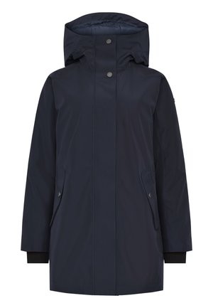 Laivaston vedenpitävä parka hupulla, edessä napsulukko, kaksi sivutaskua ja joustavat hihansuut. Sileä, matta pinta, minimaalinen muotoilu.