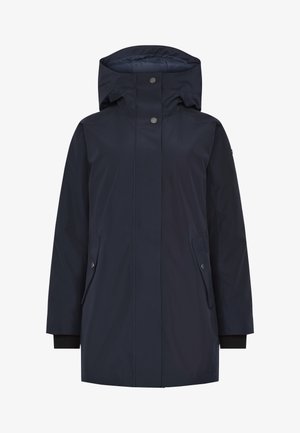 Marineblauer wasserdichter Parka mit Kapuze, vorderem Druckknopfverschluss, zwei Seitentaschen und elastischen Ärmelbündchen. Glatte, matte Oberfläche, minimalistisches Design.