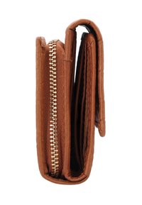 Portafoglio in pelle marrone piegato con un compartimento con cerniera dorata visibile e più sezioni cucite per carte e contanti.