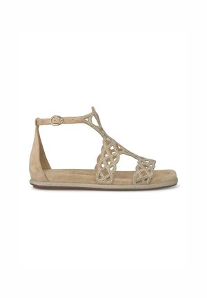 Sandalo in suede tan con decorazioni in perline, design open toe, stile a T, cinturino alla caviglia regolabile, suola piatta, dettagli impreziositi.