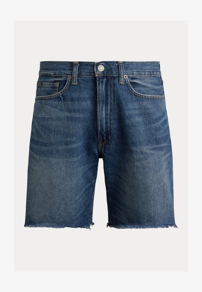 Férfi kék farmer rövidnadrág rojtos szegélyekkel, elülső gombos és cipzáras záródással, övbújtatókkal és első zsebekkel.