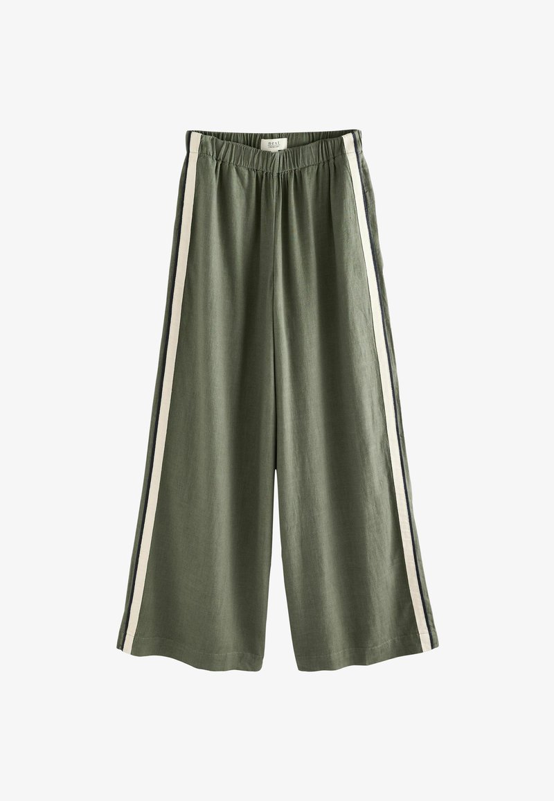 Olive green wide-leg pants made of lightweight fabric, featuring two white vertical stripes along the sides and an elastic waistband.