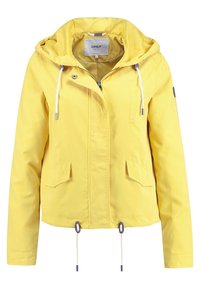 Gul kort jakke med hætte, lynlås foran, to sidelommer og elastiske snore i kanten og hætten. Glat stofstruktur.