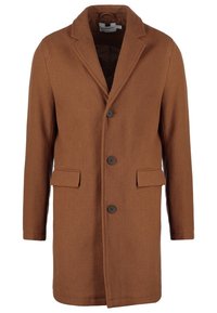 Cappotto da uomo in lana marrone fino al ginocchio con risvolto, tre bottoni neri e due tasche frontali a patta.