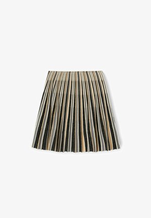 Plisségambre met afwisselend zwarte en crèmekleurige strepen, gemaakt van een textuurstof en voorzien van een elastische tailleband voor een goede pasvorm.