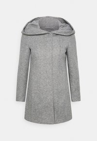 Grå rock med en stor, vikbar huva, förlängd design, långa ärmar och slät textur. Har en central dragkedjestängning och inga synliga mönster.