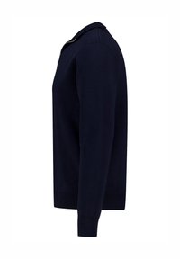 Pull marine en bleu marine avec un col zippé, manches longues, poignets et ourlet côtelés, fabriqué en tissu tricoté doux. Design simple et classique.