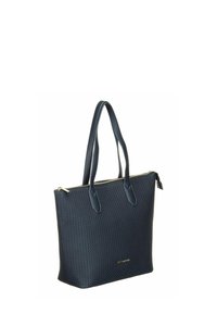 Sac cabas en cuir noir texturé avec de longues poignées et une fermeture zippée sur le dessus, petit détail logo doré à l'avant.