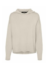 Felpa leggera beige realizzata in tessuto morbido con un fit rilassato, dotata di cappuccio con coulisse e polsini a coste, senza fantasie o loghi.
