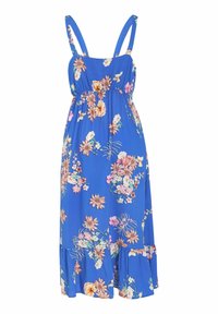 Robe fleurie bleue avec fines bretelles, corsage froncé et ourlet volanté, présentant un mélange de fleurs roses et blanches sur un tissu lisse.