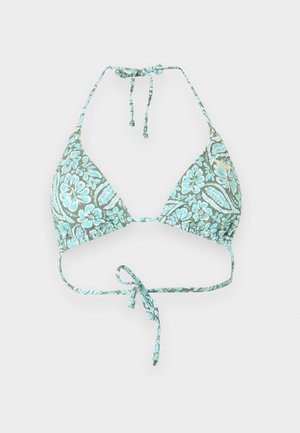 Τρίγωνο μπικίνι με πράσινο και μπλε floral μοτίβο, με κορδόνια που δένουν στον λαιμό και στην πλάτη.