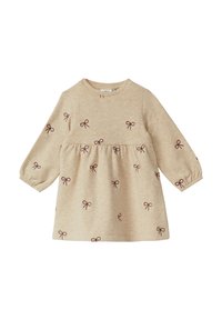 Beżowa sukienka z długim rękawem wykonana z miękkiego materiału, z marszczonym pasem i bordowym haftem kokardek na całej powierzchni. Okrągły dekolt, elastyczne mankiety.