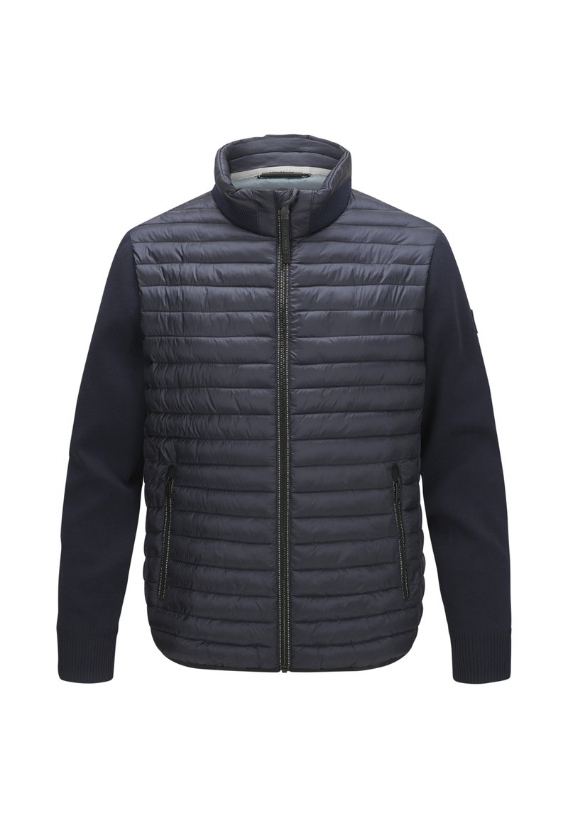 Marineblaue gesteppte Jacke mit vollem Frontreißverschluss, hohem Kragen, seitlichen Reißverschlusstaschen und festen Stoffärmeln mit gerippten Manschetten.