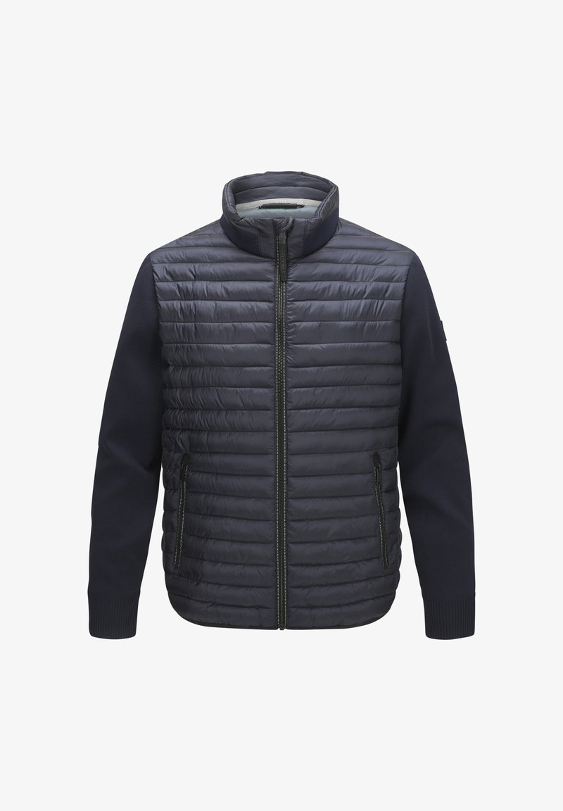 Marineblaue gesteppte Jacke mit vollem Frontreißverschluss, hohem Kragen, seitlichen Reißverschlusstaschen und festen Stoffärmeln mit gerippten Manschetten.