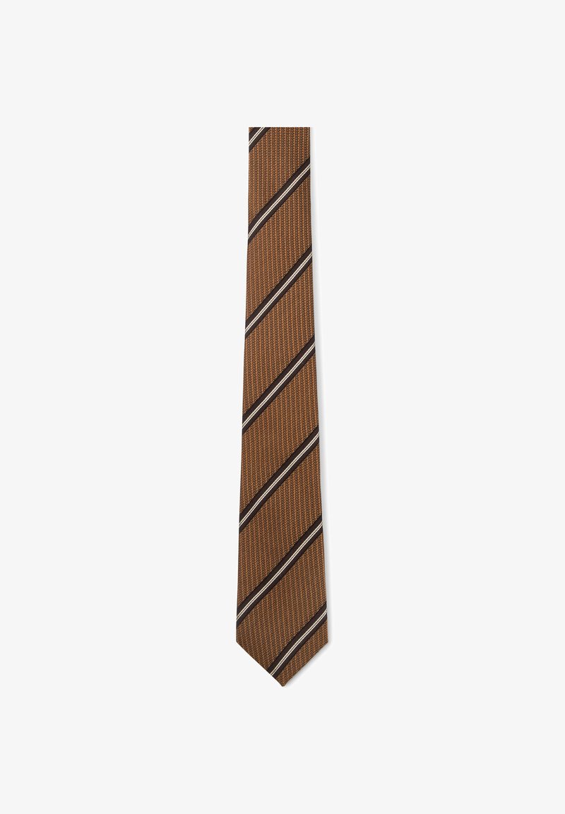 Cravate marron avec un motif texturé, comportant des rayures diagonales en marron foncé et crème. Design slim avec une pointe.