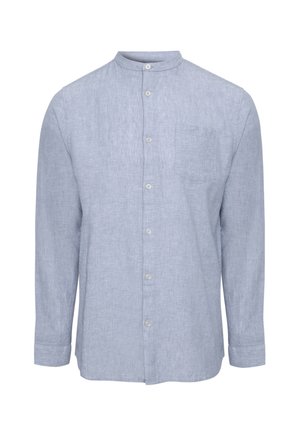 Light blue long-sleeve button-up shirt with mandarin collar and chest pocket, displayed on a white background.