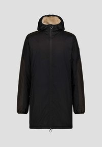 Chaqueta acolchada negra con capucha, con cremallera frontal, puños elásticos y un suave forro interior beige. Tela lisa con hombreras en contraste.