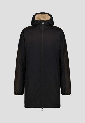 Chaqueta acolchada negra con capucha, con cremallera frontal, puños elásticos y un suave forro interior beige. Tela lisa con hombreras en contraste.