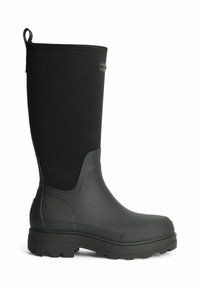 Mustat kumisaappaat, joissa on neopreenitoppa, korkea malli, teksturoitu pohja, sileä pinta ja takaosassa vetonauha helppoa päällevetämistä varten.