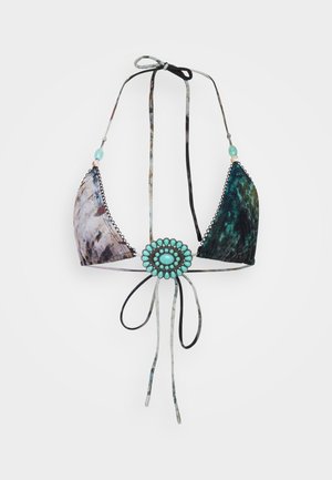 Driekhoek bikini van multicolore stof, met een centrale turquoise versiering en linten om het om de nek en achter te knopen.