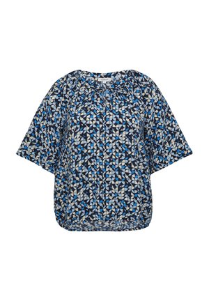 Kurzarmbluse mit geometrischem Muster in Blau-, Navy- und Cremetönen. Leichter Stoff mit lockerer Passform und gerafftem Ausschnitt.