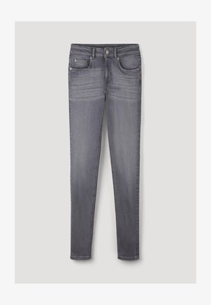 Grå denimjeans med slim fit, der har fem lommer, en frontlukning med knap og subtilt slid for tekstur.