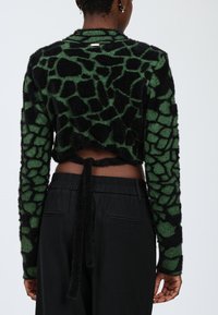 Person, die einen grün-schwarz gemusterten, cropped Pullover mit gebundenem Rücken trägt, kombiniert mit lockeren schwarzen Hosen, von hinten gezeigt.