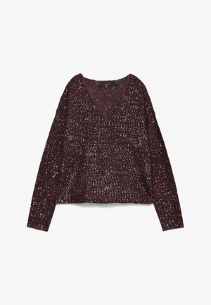 Sweater de punto burdeos con escote en V, mangas largas y corte holgado. Presenta una textura moteada con toques brillantes en toda su superficie.