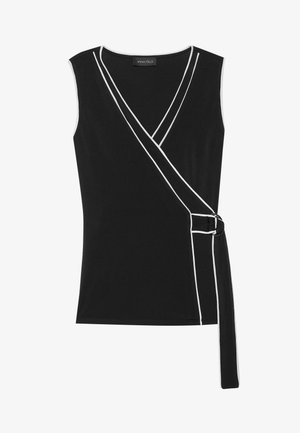 Black sleeveless top with a wrap design, white piping, a side tie detail, and a deep V-neckline. Made of soft, stretchy material.
