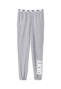 Grijze sweats met een elastische tailleband en het "DKNY" logo in het wit gedrukt op het linkerbeen. Gemaakt van zachte, ademende stof.