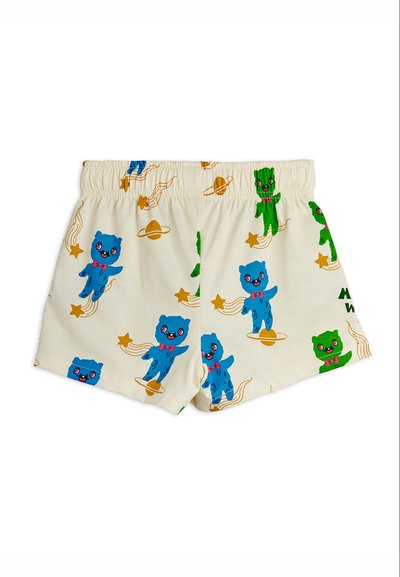 Παιδικά κρεμ σορτς με ελαστική μέση και πολύχρωμο μοτίβο με μπλε και πράσινες καρτούν αρκουδάκια, αστέρια και πλανήτες.